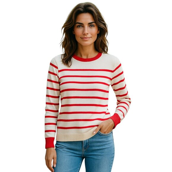 LOFT Red & White Striped Pullover Sweater Crew Neck Button Cuff Size S - Picture 1 of 8